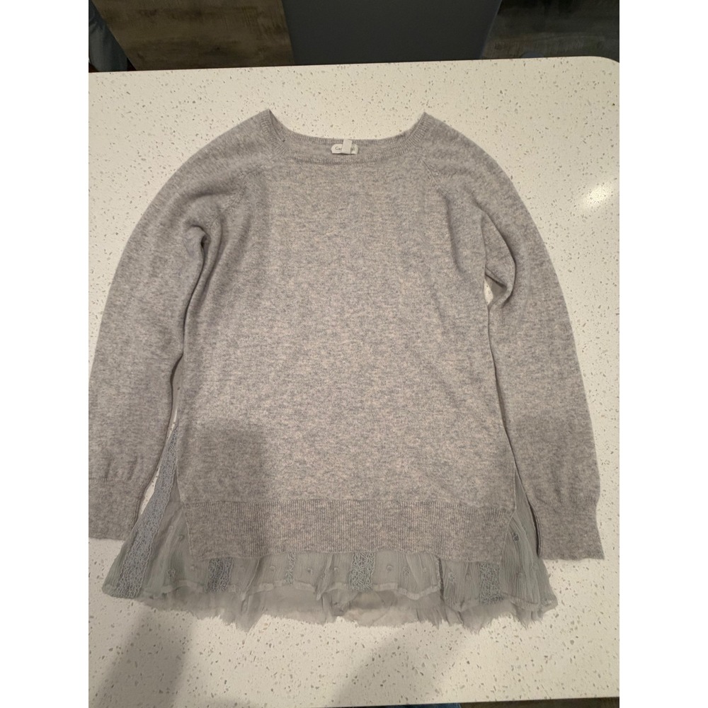 Garnet Hill Gray Lace Trim Layered Hem Sweater Womens Medium Mixed Media Raglan